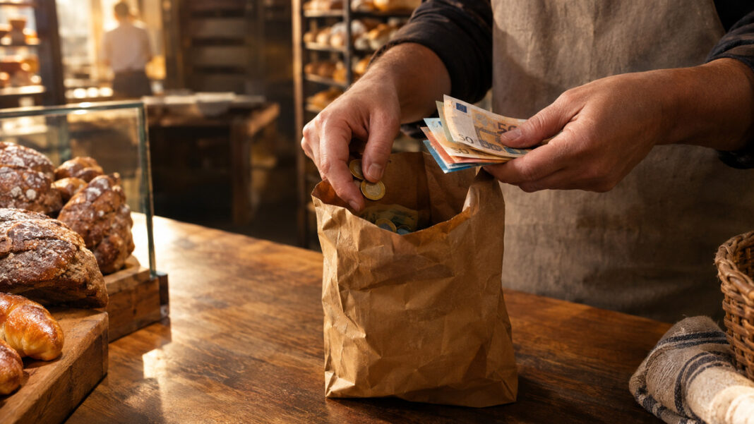 Lohntüte in der Bäckerei Hand füllt Münzen und Scheine in eine Lohntüte