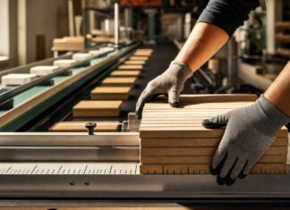 Hände in Handschuhen prüfen Holzleisten an einer Messlatte in einer hellen Werkstatt.