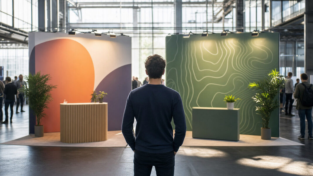 A/B Testing Messewand Gründer vor zwei unterschiedlich gestalteten Messewänden in einer Messehalle