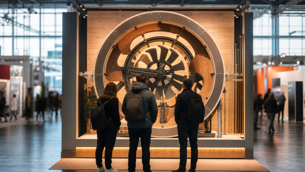 Messe und Events 2023 Messestand in einer hellen Messehalle, drei Personen von hinten davor