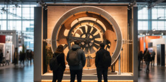 Messestand in einer hellen Messehalle, drei Personen von hinten davor