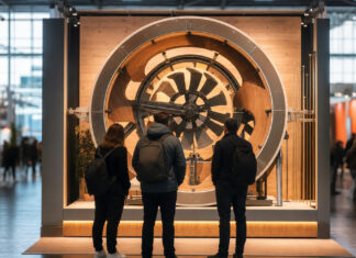 Messestand in einer hellen Messehalle, drei Personen von hinten davor