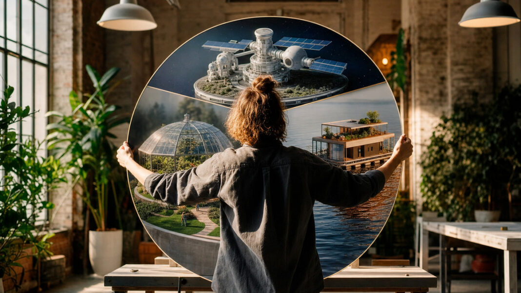 Empion Kulturtypen Person von hinten stellt Kultur-Modelle Raumstation, Gewächshaus und Hausboot auf