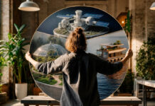 Empion – Ein Berliner HR-Start-Up startet durch! Person von hinten stellt Kultur-Modelle Raumstation, Gewächshaus und Hausboot auf