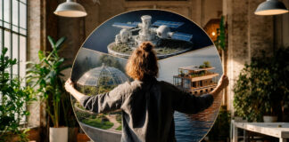 Person von hinten stellt Kultur-Modelle Raumstation, Gewächshaus und Hausboot auf