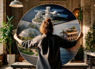 Person von hinten stellt Kultur-Modelle Raumstation, Gewächshaus und Hausboot auf