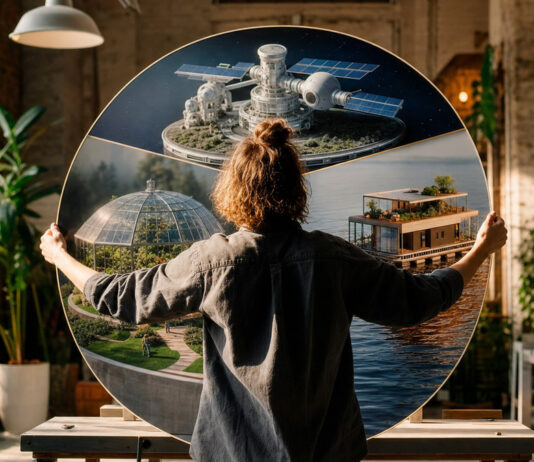 Person von hinten stellt Kultur-Modelle Raumstation, Gewächshaus und Hausboot auf