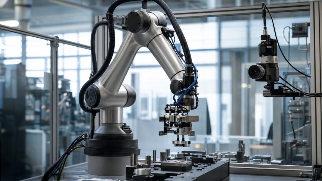 Roboterarm in einer Industriehalle greift präzise ein Werkstück bei Tageslicht.