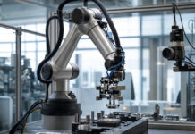 KI und Maschinelles Lernen – Bedeutung, Anwendungen und Herausforderungen Roboterarm in einer Industriehalle greift präzise ein Werkstück bei Tageslicht.