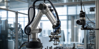 Roboterarm in einer Industriehalle greift präzise ein Werkstück bei Tageslicht.