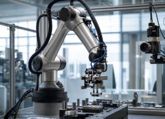 Roboterarm in einer Industriehalle greift präzise ein Werkstück bei Tageslicht.