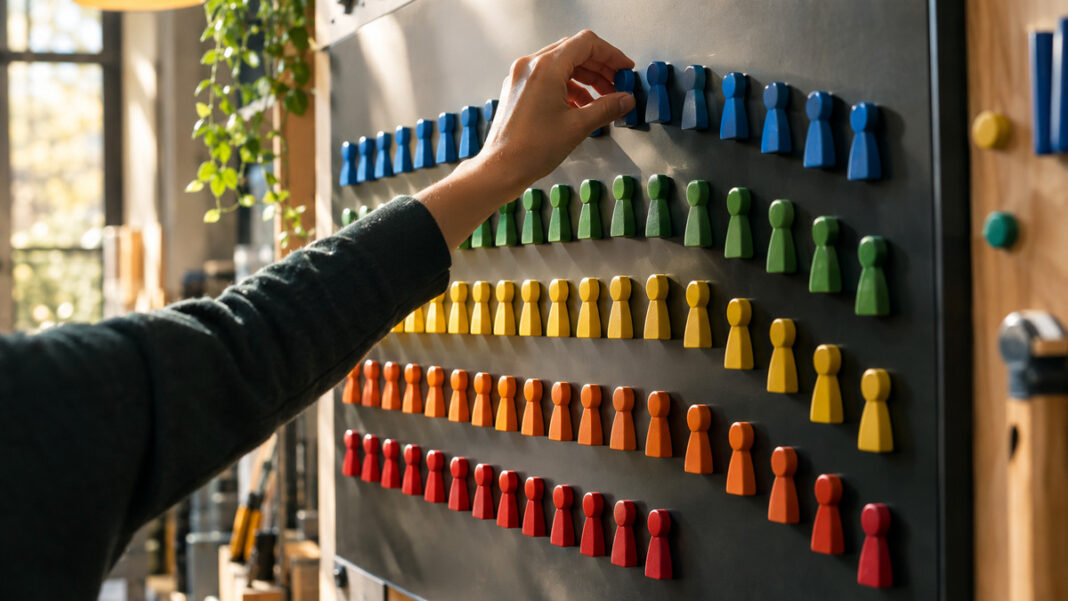 Tag-Struktur sauber ordnen Hand ordnet farbige Holzmarker in Reihen auf einer Magnettafel im Seitenlicht.