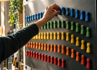 Hand ordnet farbige Holzmarker in Reihen auf einer Magnettafel im Seitenlicht.