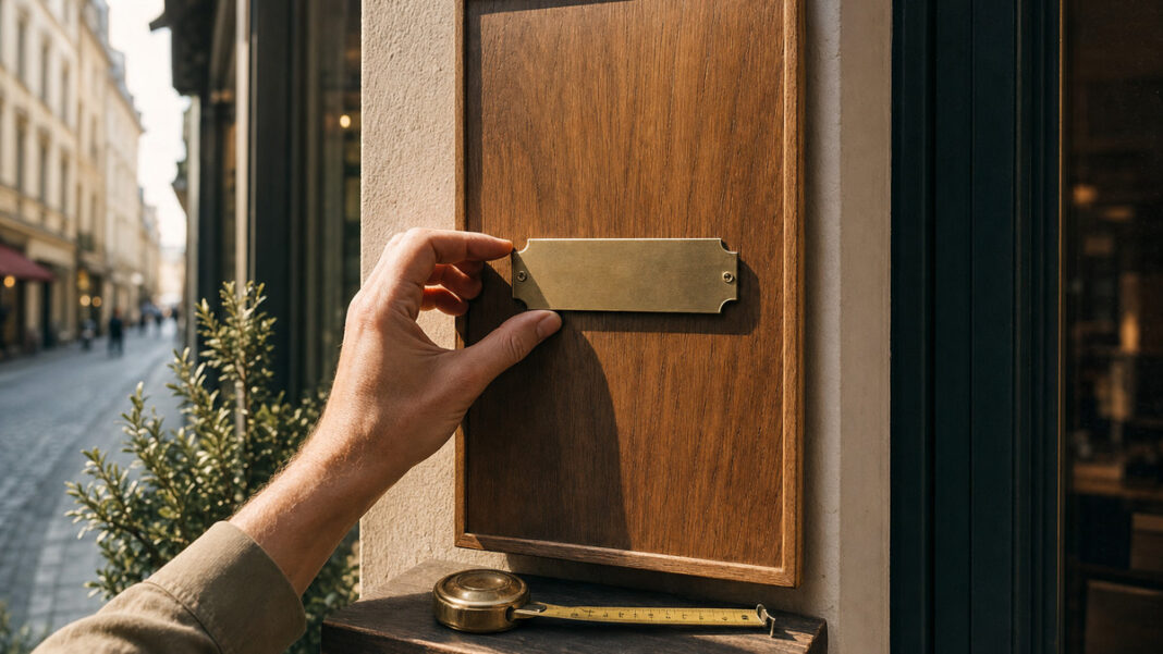 SEO-Grundlagen für Anfänger – Beschilderung Hand befestigt eine Metallplakette an einem Holzschild vor einem Ladenlokal im Tageslicht.