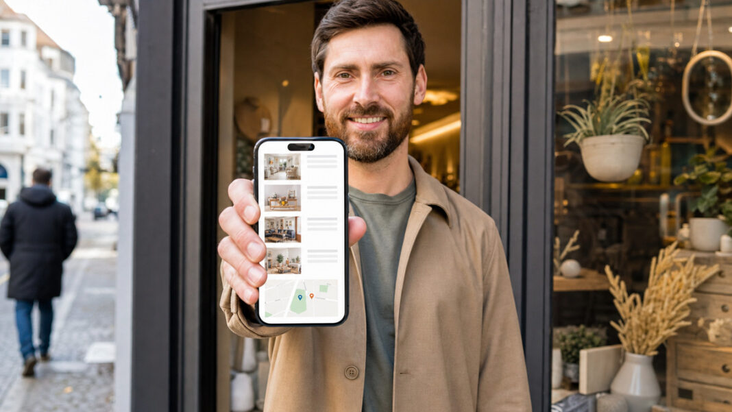 Person hält ein Smartphone vor einem Ladengeschäft, im Hintergrund eine Innenstadtfassade.
