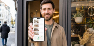 Person hält ein Smartphone vor einem Ladengeschäft, im Hintergrund eine Innenstadtfassade.