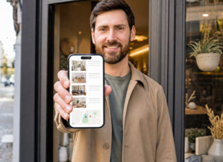 Person hält ein Smartphone vor einem Ladengeschäft, im Hintergrund eine Innenstadtfassade.