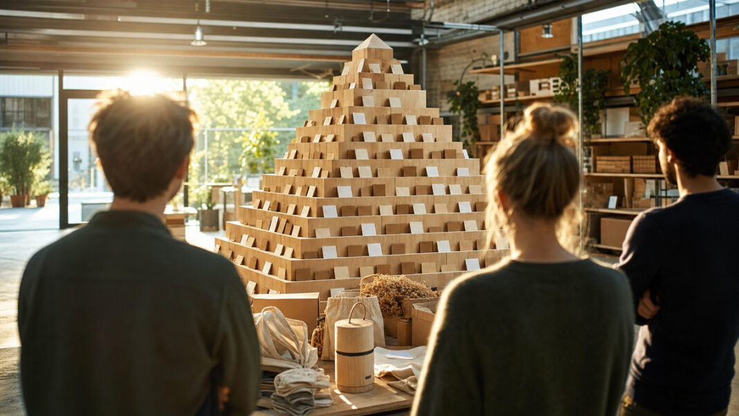 Gründer-Team vor einer Holz-Pyramide mit Spenden-Slots in einer Lagerhalle
