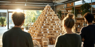 Gründer-Team vor einer Holz-Pyramide mit Spenden-Slots in einer Lagerhalle