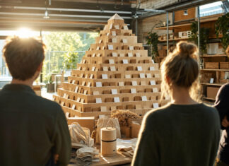 Gründer-Team vor einer Holz-Pyramide mit Spenden-Slots in einer Lagerhalle