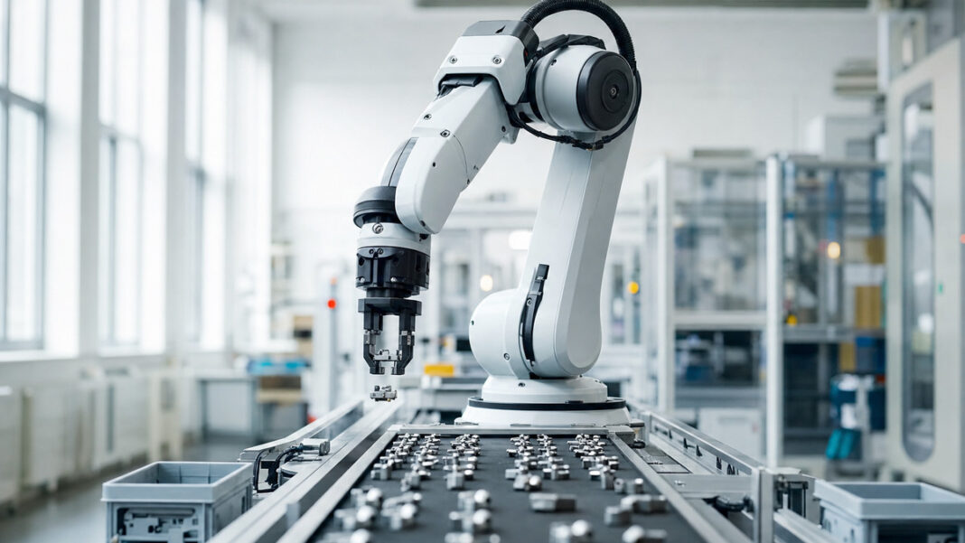 KI-Tools in der Produktion Industrieroboterarm sortiert Bauteile in einer hellen Produktionshalle