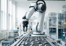 AI Tools: Wie sie Ihre Geschäftsprozesse automatisieren und die Leistung verbessern Industrieroboterarm sortiert Bauteile in einer hellen Produktionshalle