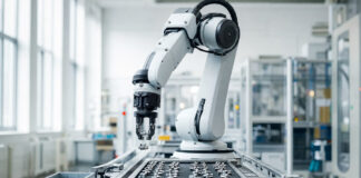 Industrieroboterarm sortiert Bauteile in einer hellen Produktionshalle
