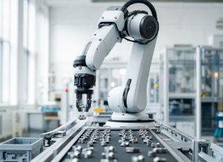 Industrieroboterarm sortiert Bauteile in einer hellen Produktionshalle