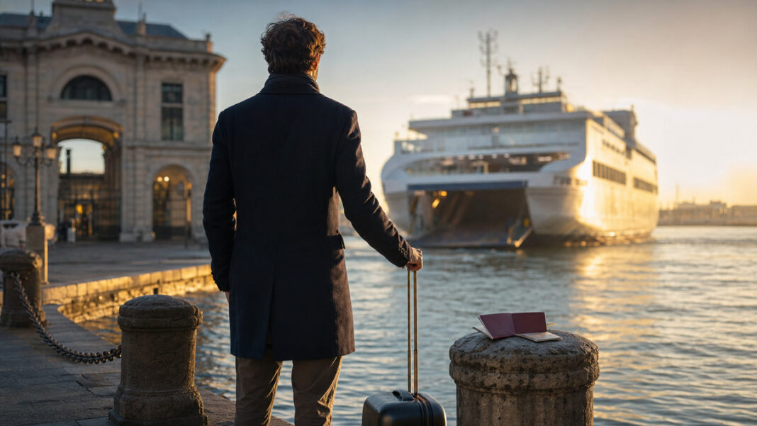 Gründer mit Rollkoffer am Hafen vor Fähre und Reisepass im Morgenlicht