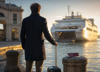Gründer mit Rollkoffer am Hafen vor Fähre und Reisepass im Morgenlicht