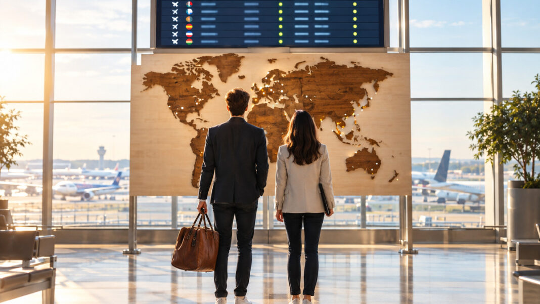 Internationale Gründung Gründerpaar mit Koffer vor Weltkarte im Flughafen-Terminal