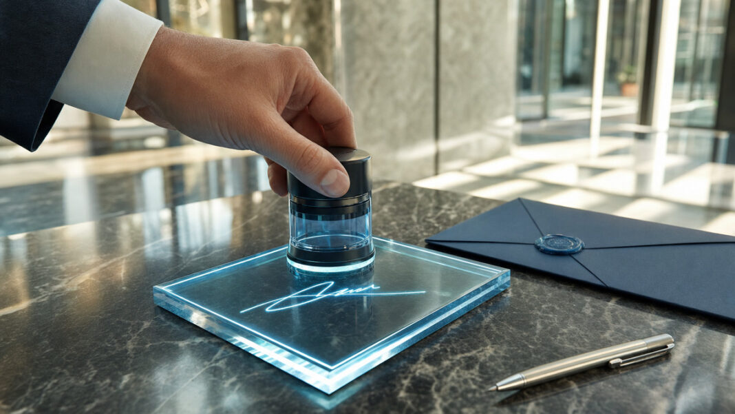 E-Signatur sicher und rechtsverbindlich Hand setzt einen digitalen Freigabestempel auf ein Glasmodul neben versiegeltem Umschlag.