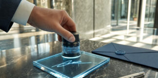 Hand setzt einen digitalen Freigabestempel auf ein Glasmodul neben versiegeltem Umschlag.