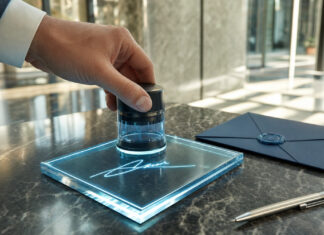Hand setzt einen digitalen Freigabestempel auf ein Glasmodul neben versiegeltem Umschlag.