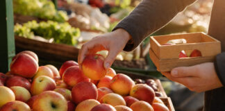 Hand sortiert Äpfel an einem Obststand im Morgenlicht.