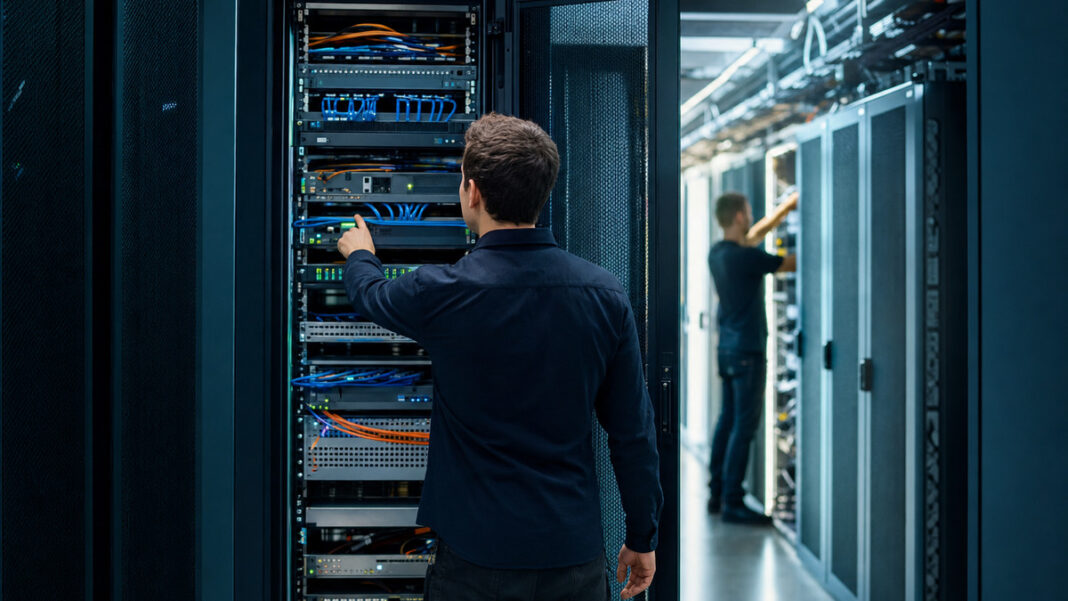Meta-Tags im Rechenzentrum Webentwickler zeigt auf offenen Server-Schrank im Rechenzentrum, Techniker im Hintergrund
