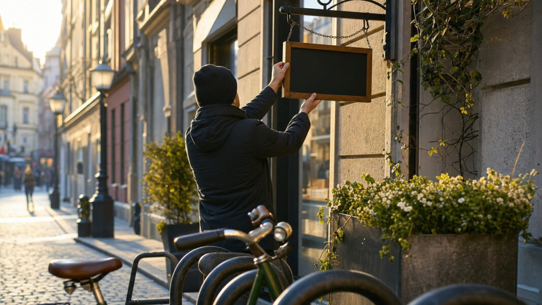 Hand montiert ein Geschäftsschild an einer Hausfassade in einer Altstadtgasse im Morgenlicht.
