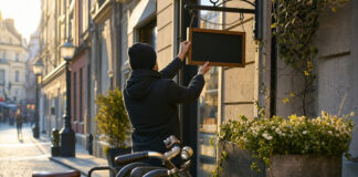 Hand montiert ein Geschäftsschild an einer Hausfassade in einer Altstadtgasse im Morgenlicht.