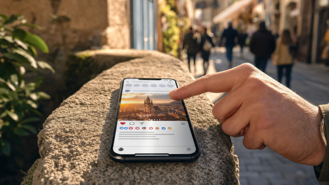 Social Media Traffic SEO Smartphone auf einer Steinmauer in einer Altstadtgasse, eine Hand tippt auf das Display