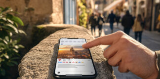 Smartphone auf einer Steinmauer in einer Altstadtgasse, eine Hand tippt auf das Display