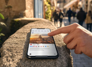 Smartphone auf einer Steinmauer in einer Altstadtgasse, eine Hand tippt auf das Display
