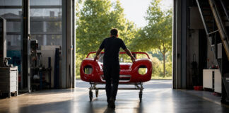 Person schiebt rote Rennwagen-Karosserie aus einer Werkhalle ins Tageslicht.