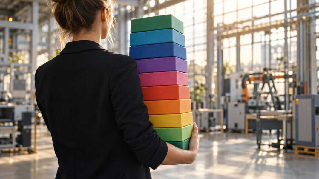 Förderbausteine für Startups Gründerin hält zehn farbige Förderbausteine in einer Industriehalle.