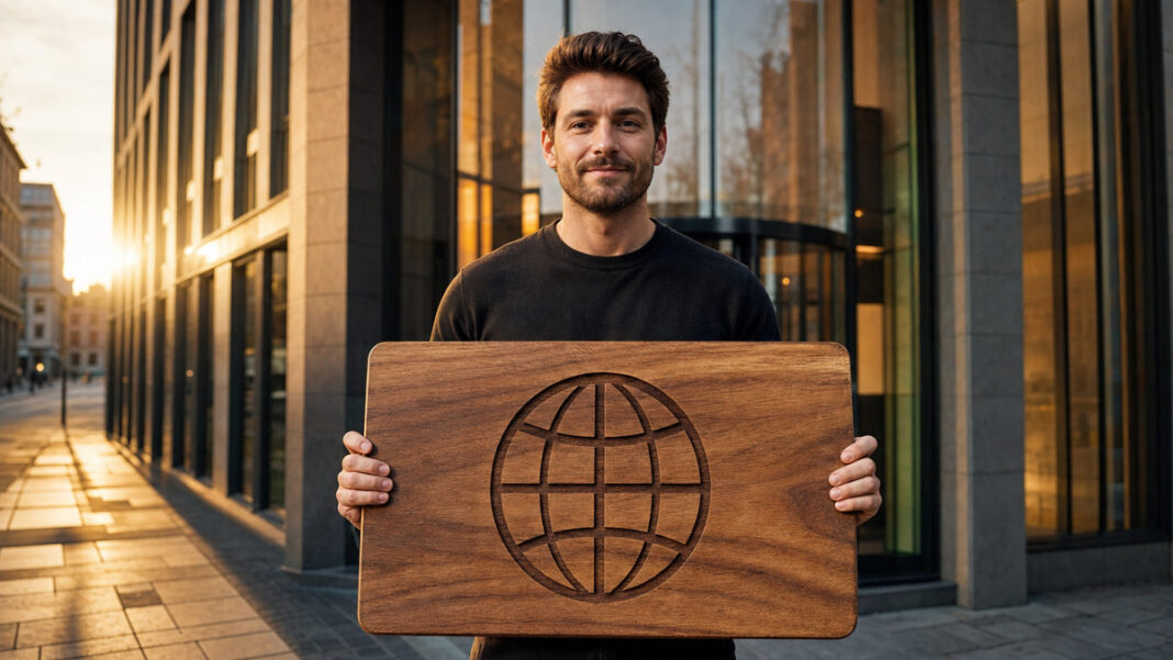 Gründer hält ein Holzschild mit Internetadresse vor einem modernen Gebäude im Abendlicht.