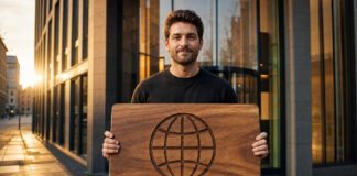 Gründer hält ein Holzschild mit Internetadresse vor einem modernen Gebäude im Abendlicht.