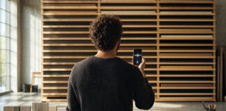 Person von hinten mit Smartphone vor Holzregal in heller Manufakturhalle