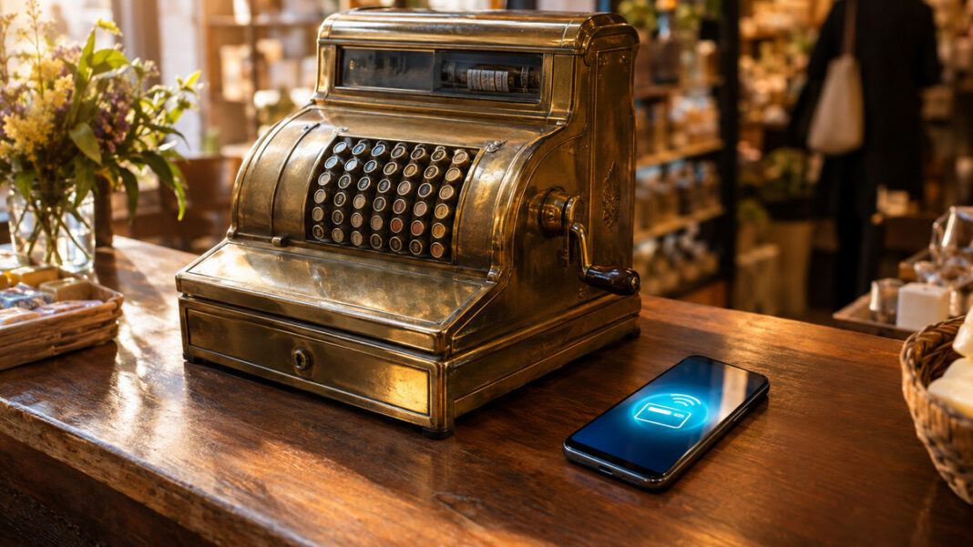 Registrierkasse und Smartphone Registrierkasse und Smartphone auf einer Ladentheke