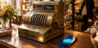 Registrierkasse und Smartphone auf einer Ladentheke