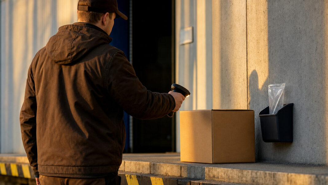 Paketdienstfahrer an Laderampe mit Scanner und Versandkiste im warmen Licht