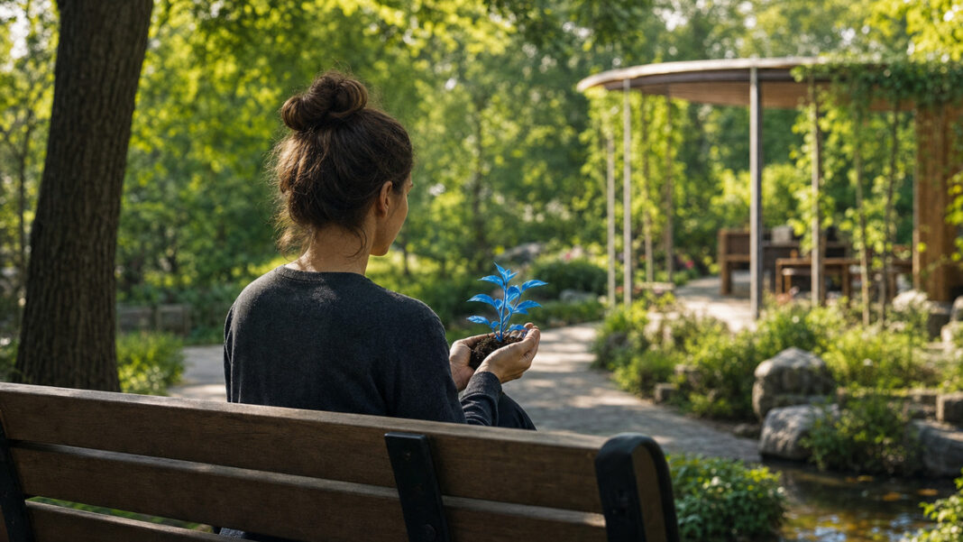Person von hinten hält eine kleine Pflanze auf einer Parkbank im sonnigen Stadtpark.